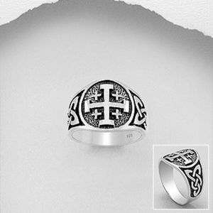 Sterling  Celtic And Jerusalem Cross Mens Ring